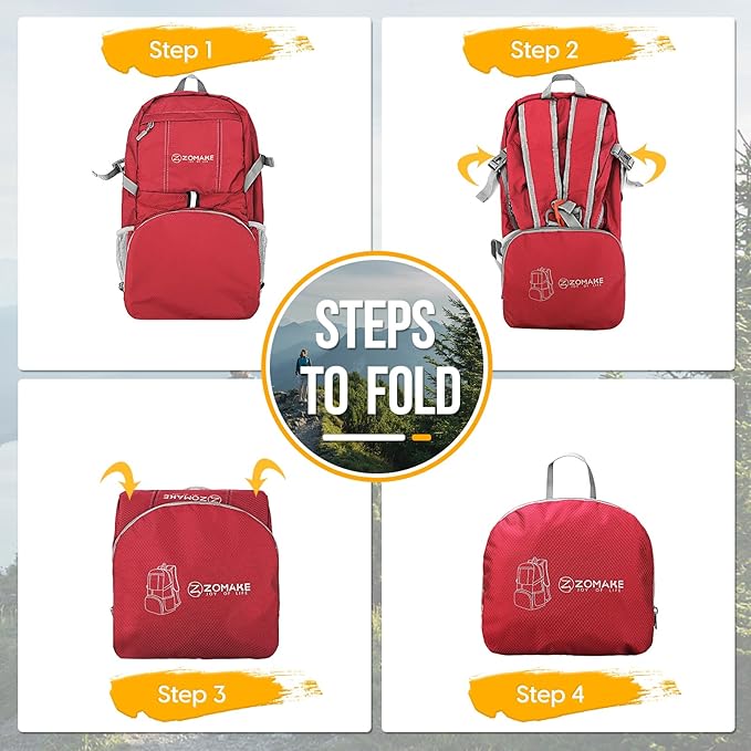 ZOMAKE Lightweight Packable Backpack 35L, Light Foldable Backpacks Water Resistant Collapsible Hiking Bag, Compact Folding Day Pack for Travel Camping(Red)