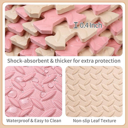 36 Tiles Foam Play Mat for Baby, 0.4 Inch Thick Foam Interlocking Floor Mats, Soft Non-Toxic Baby Playmat, Solid Colored Puzzle Play Mat Kids Floor Mats for Toddler(Beige/Loli Pink)