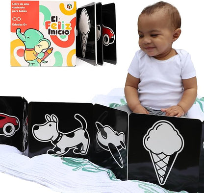 Happy Start Award-Winning High Contrast Board Book - Newborn Black & White Baby Cards, Easy to Clean, Hospital Approved, Stands on Its Own, Tummy Time Toy, Ages 0+ (Spanish)