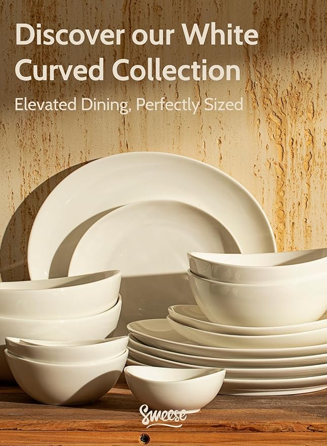 Sweese 42oz Porcelain Serving Bowls - Set of 4, 8-Inch White Bowls for Salad, Soup, Pasta & More - Microwave, Dishwasher & Oven Safe