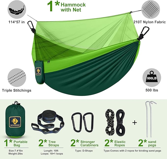 Camping Hammock with Net,Travel Portable Lightweight Hammocks with Tree Straps and Solid D-Shape Carabiners,Parachute Nylon Hammock for Outsides Backpacking Beach Backyard Patio Hiking