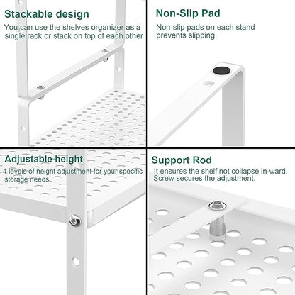 iPEGTOP Expandable Cabinet Storage Shelf Organizer Rack, Heavy Duty Stackable Steel Metal Spice Rack Adjustable Height Pantry Garage Shelf for Counter Kitchen Organization, White - 2 Pack