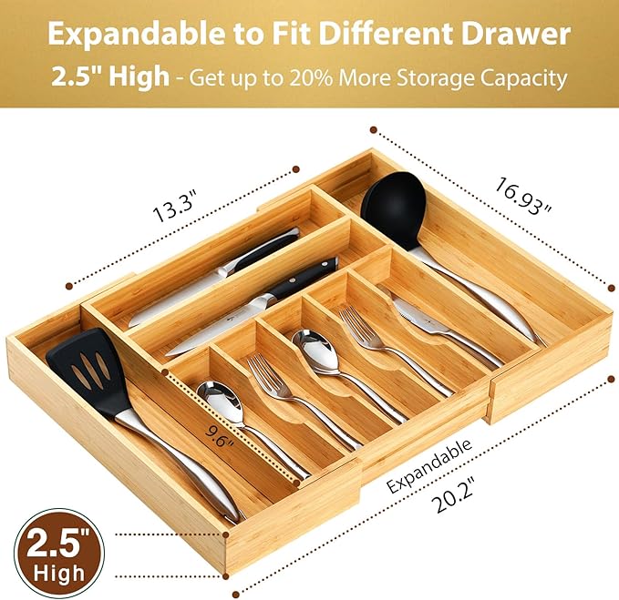 Umilife Large Expandable Kitchen Silverware Utensils Drawer Organizer, 2.5"