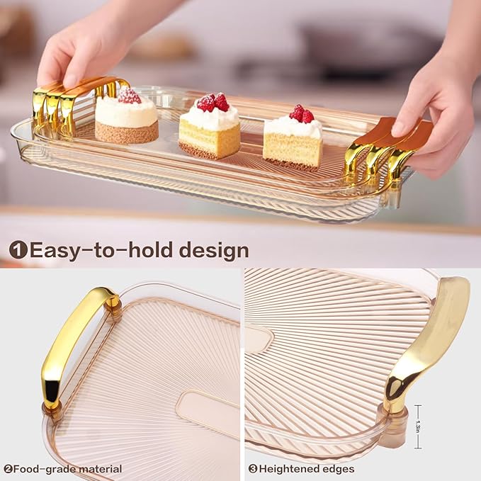 Serving Tray with Handles Set of 3 Rectangular Large Serving Platters 16.5/14.9/13.2 Inch White Plates for Dinner, Party, Entertaining, Amber