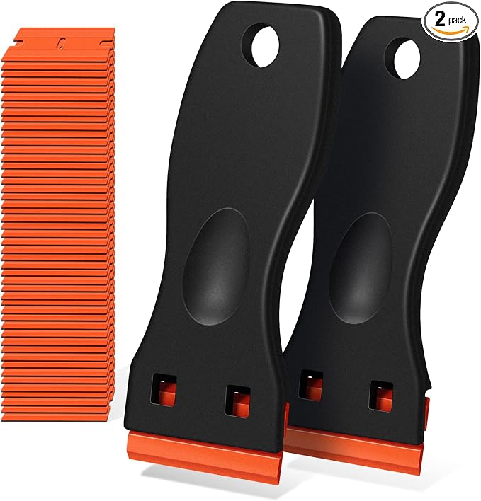 Plastic Razor Blade Scraper, 2 Pack Razor Scraper with 120 Pcs Razor Blades for Removing Glue, Sticker, Decals, Tint from Car Window and Glass（Black）