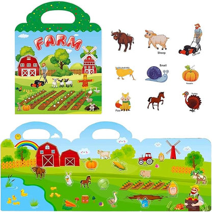 Reusable Sticker Book for Kids, Farm Stickers Educational Learning Toys Travel Stickers Activity Books for Toddler Girls Boys Age 3+ Birthday Gifts