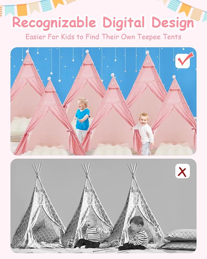 6 Pack Teepee Tent for Kids with Inflatable Airbed, Light, Toddler Tent Children Room Tents, Slumber Party Sleepover Tents, Indoor Outdoor Kids Playtent Playhouse for Girls & Boys