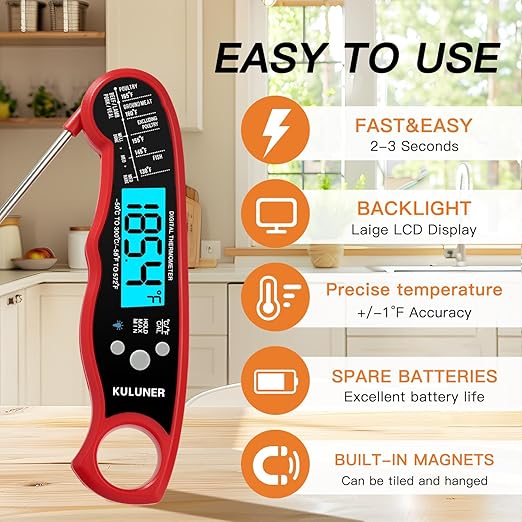 KULUNER TP-01 Waterproof Digital Instant Read Meat Thermometer with 4.6 Folding Probe Backlight Calibration Function for Cooking Food Candy, BBQ Grill, Liquids,Beef（Red）