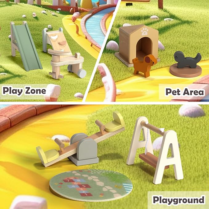 26PCS Wooden Dollhouse Furniture Set, Outdoor Miniature Doll House Accessories Playset for Toddlers, Outdoor Scenes Poolside Playground Pretend Play Toy for Kids 3+