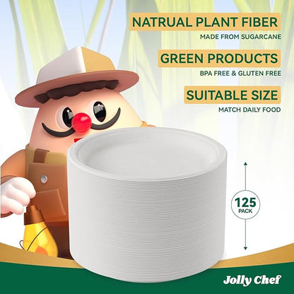 JOLLY CHEF Compostable Heavy Duty Plates 𝟭𝟬 𝗜𝗻𝗰𝗵 [𝟭𝟮𝟱 𝗣𝗮𝗰𝗸] Eco-Friendly Disposable White Paper Plates Made of Bagasse Biodegradable for Party Dinner Sugarcane Fibers Thanksgiving Day