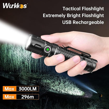 Wurkkos TD04 Tactical Flashlight, Handheld Flashlights Rechargeable, 3000 Lumens Super Bright LED Flashlight with Type C Charging Port Tail Switch for Camping, Hiking, Emergency, IP68 Waterproof