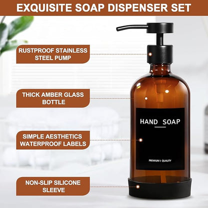 RYTOXILO Hand Soap Dispenser for Bathroom 2 Pack, Amber Glass Soap Dispenser