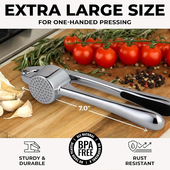 Zulay Kitchen Large Premium Garlic Press Set - Bigger Bowl for Bigger Garlic - Rust Proof & Dishwasher Safe Garlic Mincer Tool - Easy-Squeeze, Easy-Clean Silicone Garlic Peeler & Brush (Chrome)