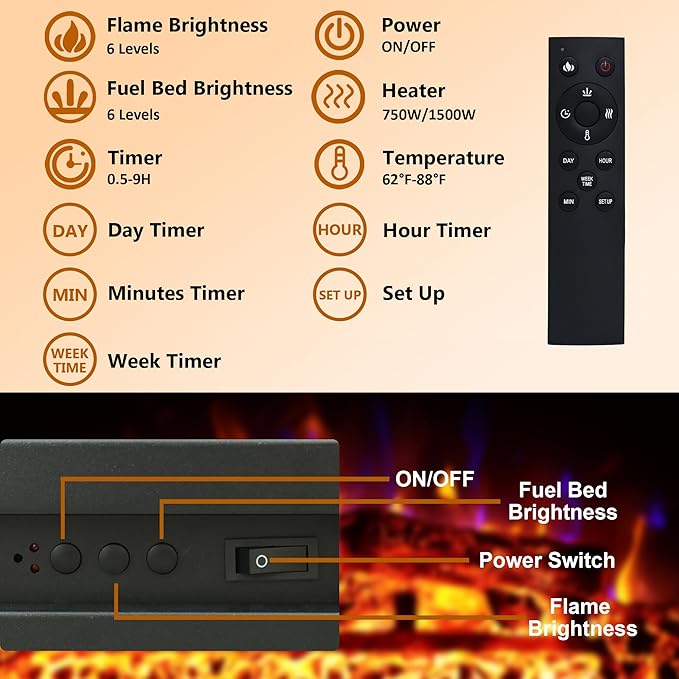 23.6 Inch Electric Fireplace Insert, Recessed Electric Fireplace Heater