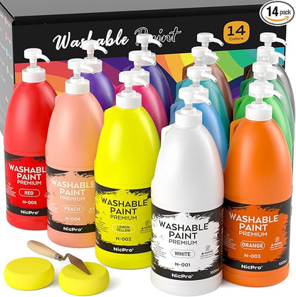 Nicpro 14 Colors Large Washable Paint Set (33.8 oz, 1000ml), Acrylic Bulk Paint Supplies Non Toxic Children Tempera Paint for Art, Craft DIY, Poster & Finger Paint, School, Home,Classroom
