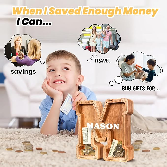 KMC Wooden Letter Piggy Bank, Personalized Initial Piggy Bank for Kids Boys, Clear Alphabet M Wood Money Box, Unbreakable Coin Saving Jar, Birthday, for Children