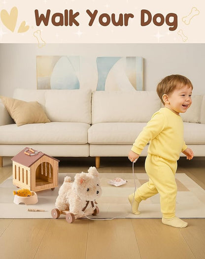 ROBOTIME Pull Dog Toy for Toddlers, Puppy Pet Care Pretend Play Set with Stuffed Animal, Dog House & Accessories, Walking Pull Along Toy, Educational Plush Gift for Boys and Girls
