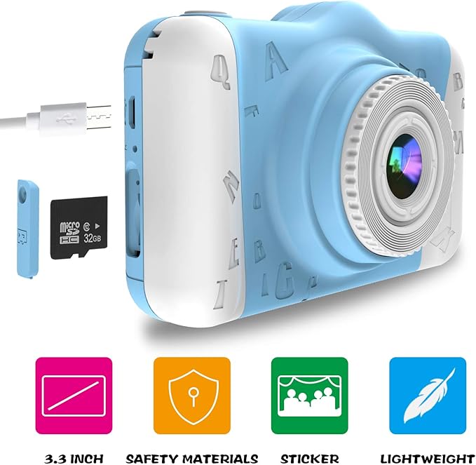Kids Camera, 12MP Children's Camera for Boys and Girls, 1080P Rechargeable No Games Camera for Kids 3-12 Years Old with 32GB TF Card, USB Charging 8X Zoom.