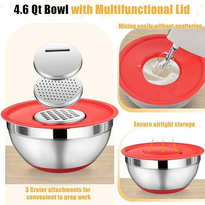 P&P CHEF Mixing Bowl with Lids Set of 3, Stainless Steel Nesting Salad Bowls for Serving Preparing, 3 Grater Attachments & Non-Slip Bottoms, Size 1.5/2.6/4.6 QT, Multicolor