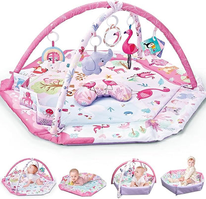 7-in-1 Large Activity Mat for Babies 0-6 Months Tummy Time Mat Play Mat, 5 Tummy TimeToys, 18 Ocean Toys, and 1 Tummy Time Pillow, Baby Activity Mat Easy to Install & Clean, Baby Gift