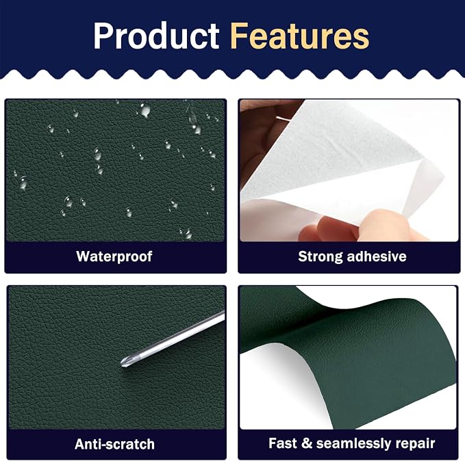 Zenyao Leather Repair Patch Tape - Self Adhesive Leather Repair Kit for Car Seat Furniture, Heavy Duty Vinyl Repair Patch for Couch Sofa, Waterproof Fix for Tears, 16x30 Inch Roll, Dark Green