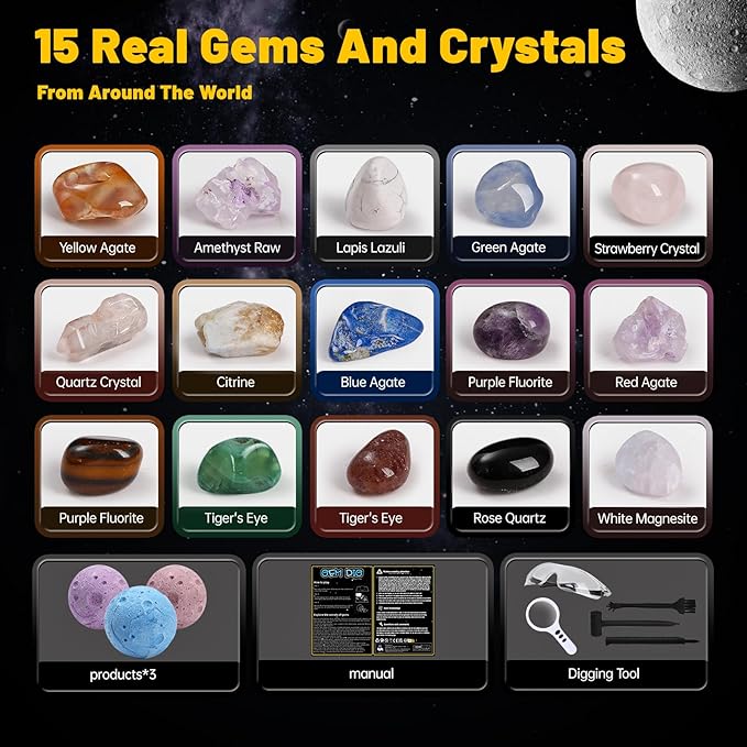Gemstones Dig Kit, Science Kit for Kids, Dig up 15 Real Gems & Explore Solar System, STEM Educational Mining Space Toys, Archaeology Geology Science Experiments Gift for Boys&Girls Age 6-8-12