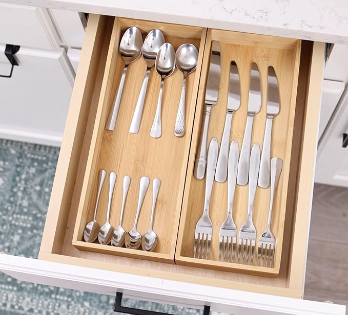 Fabsome Kitchen Utensil Drawer Organizer, Bamboo Silverware Cutlery Flatware
