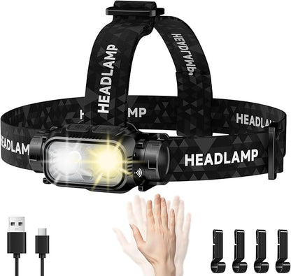 Rechargeable LED Headlamp, High Lumen Super Bright Head Lamp with Red Light, Motion Sensor, 5 Modes, 90° Adjustable, Waterproof Lightweight Headlamps for Adult Running, Camping, Fishing