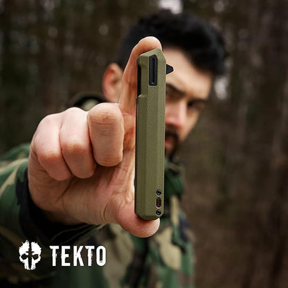 F2 Bravo Folding Pocket Knife - D2 Steel Blade, Ceramic Ball Bearings - EDC - Snap, Swift Flip for Camping, Backpacking - 2.4oz (68g), G10 OD Green Handle, Black Titanium Accents