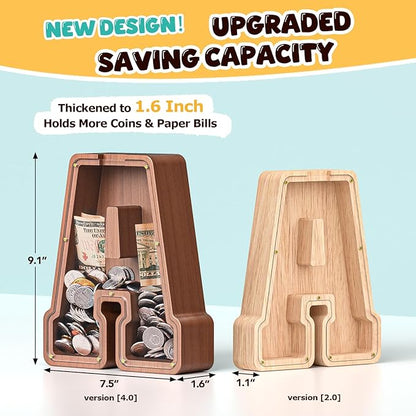 Summidate Wooden Letter Piggy Bank, Extra Thick Large Capacity Piggy Bank for Kids Boys Girls Toddler, Alphabet B Money Bank| Coin Box Birthday, Christmas, Festival