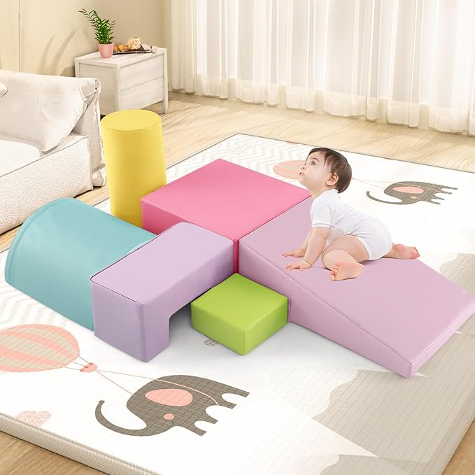 Costzon Toddler Climbing, 6 Pieces Climb and Crawl Playset with PU Cover for Baby Crawling, Climbing & Walking, Indoor Foam Climbing Blocks for Toddlers 1-3, Light Pink
