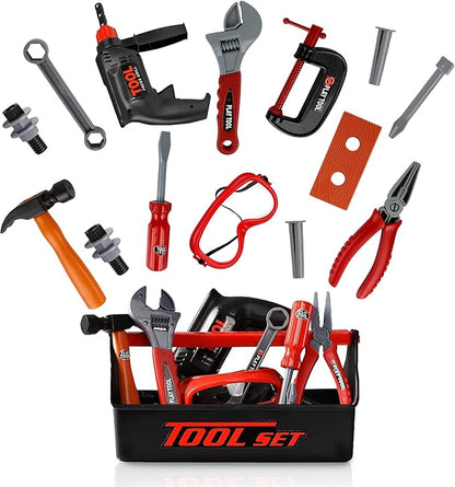 Playkidz Tool Box for Kids 22-Piece Boys & Girls Construction Toy Playset w/Carry Chest, Working Push Button Power Drill, Hammer, Screwdriver, Wrench, Pliers, Saw & Other Realistic Tools Ages 3+