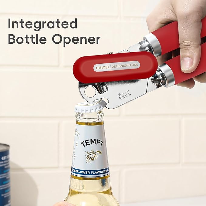 Can Opener Manual, UHIYEE Hand Held Manual Can Openers Heavy Duty with Smoother Cut Sharp Blade, Manual Hand Can Open with Soft Handle, Easy to Turn Knob, Magnetic Lid Lifter, Red