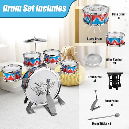 Toddler Drum Set Kids Jazz Drum Kit with Stool Musical Instruments Toys Birthday Chirstmas Easter Gifts for Boys Girls Aged 3 4 5 Year Old