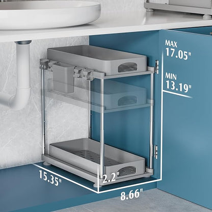 VERIFOST 2 Pack Adjustable Gray Under Sink Organizers, 2 Tier Pull Out Storage