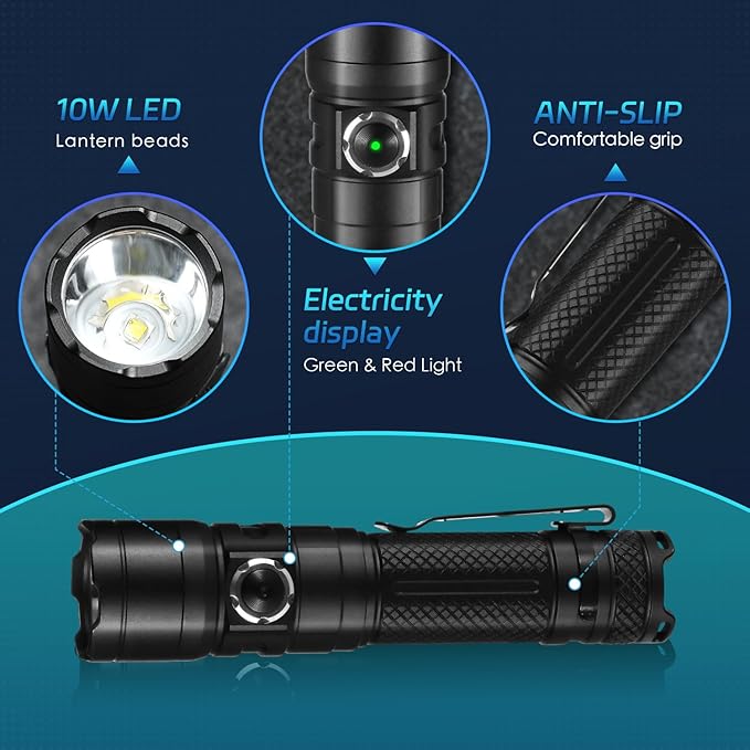 Tactical Flashlight with Holster for Duty Belt, 1300 High Lumen Police Flashlight - 6 Mode Rechargeable LED Flashlight for Camping/Law Enforcement FG10(Black)