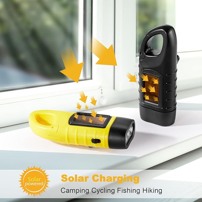 Mudder 4 Pack Hand Crank Solar Powered Flashlight Emergency Rechargeable Led Flashlight Survival Gear Self Powered Charging Torch for Hiking Backpack Camping Safety Emergency Pack(Yellow, Black)