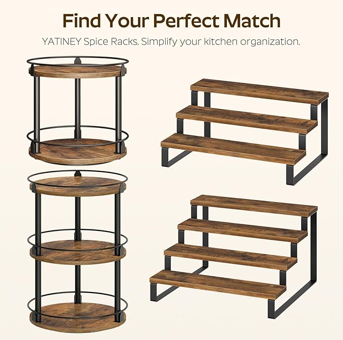 YATINEY Spice Rack, 3 Tier Wooden Display Riser Stand, Kitchen Storage Organizer