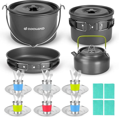 Odoland 39pcs Camping Cookware Mess Kit, Non-Stick Large Size Hanging Pot Pan Kettle with Base Dinner Cutlery Sets for 6 and More, Cups Dishes Forks Spoons Kit for Outdoor Camping Hiking Picnic