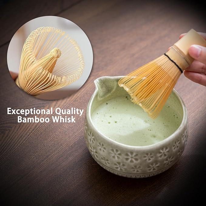 Matcha Whisk Set, Ceramic Matcha Kit Set Includes Matcha Bowl, Matcha Whisk and Holder, Bamboo Scoop, Scoop Rest, Sifter and Tea Towel - 7 Pcs Matcha Kit for Matcha Lovers (Mottled Green)