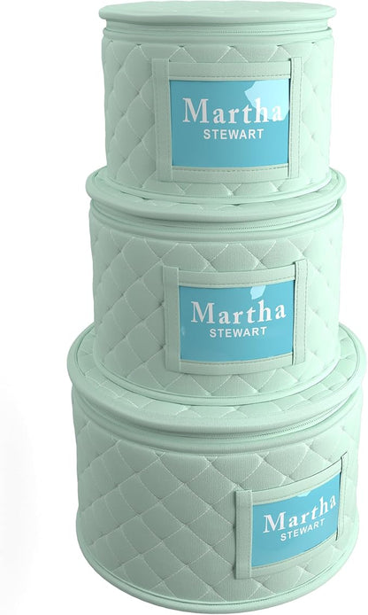 Martha Stewart Dinnerware Stemware Glassware Stackable Organizer Home Storage Container Case, 3 Piece Dinnerware Set Organizer For Dessert, Salad and Dinner Plates With Felt Dividers, Mint