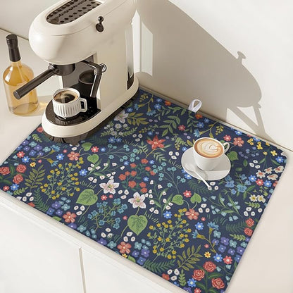 Flower Floral Dish Drying Mat 18x24 inch Microfiber Navy Blue Drying Mats