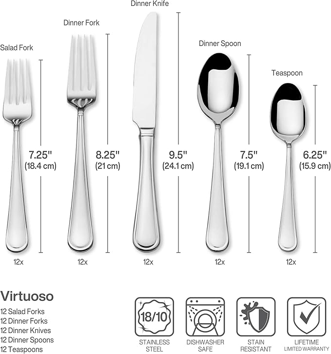 Mikasa, Virtuoso Flatware Service for 12, 65 Piece Set, 18/10 Stainless Steel, Silverware Set with Serving Utensils