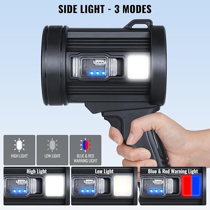 Rechargeable Spotlight Flashlight, 99,000 Lumens Spot Light Handheld Spot Lights, LED Spotlights with COB Light,Super Bright Hand Held Spotlight for Boat