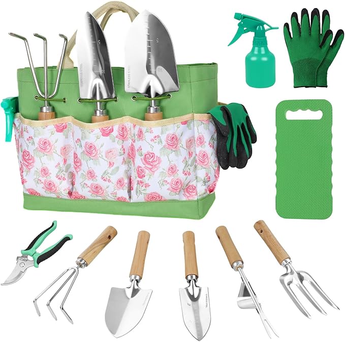 Garden Tool Set,10 Piece Garden Kit,Heavy Duty Stainless Steel Gardening Hand Tools with Durable Storage Tote,Rust-Proof Garden Tools,Gardening Gifts for Women Men Pink Floral Pattern Design