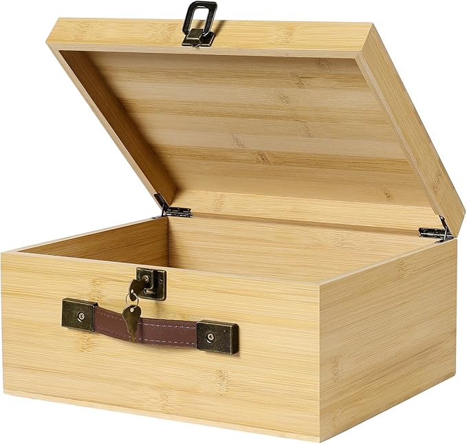 ANMINY Wooden Keepsake Memory Box with Locking Lid Bamboo Wood Storage Box with Hinged Lid & PU Leather Handles Large Decorative Wooden Chest Box for Crafts Stash Gifts - Natural, 12"L x 10"W x 6"H