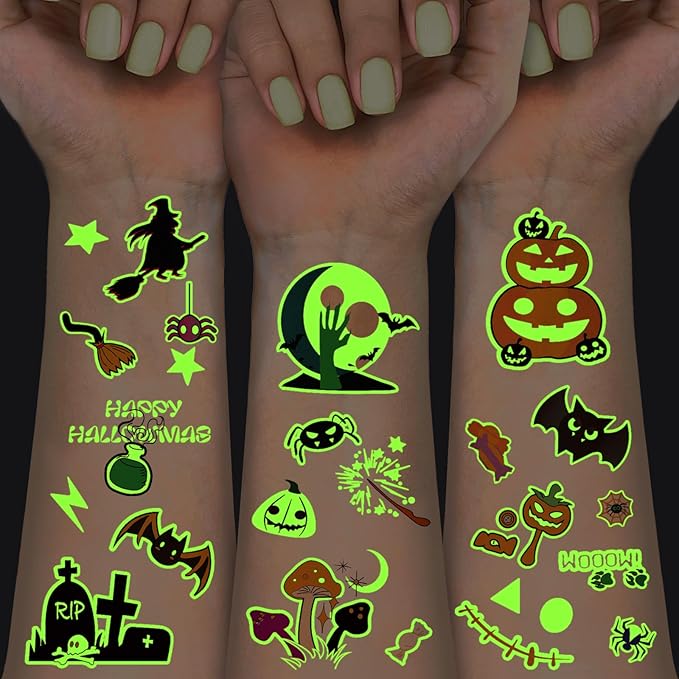 124 Pcs Halloween Temporary Tattoos Glow In Dark For Kids, Waterproof Glowing Luminous Fake Tattoo Stickers for Halloween Party, Jack-O-Lantern, Witch, Ghost Realistic Tattoo Sticker For Boy And Girls