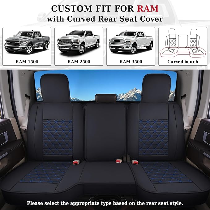 Coverado RAM Seat Cover Full Set, Leather Seat Covers Fit for Dodge RAM 1500, Truck Seat Covers Custom Fit for 2002-2026 Dodge RAM 1500 2500 3500 Crew Quad Cab with Curved Bench, Blue