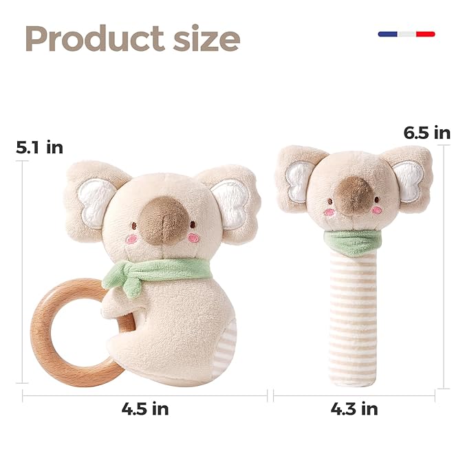 Evoceler 2 PCS Koala Rattles & Shaker Toys with Embroidered Details, Wooden Teething Ring Baby Toys, BPA-Free Sensory Toys for 0-3-6-12 Months, Squeaky Infant Toy, Ideal Baby Shower Boy Girl Gift