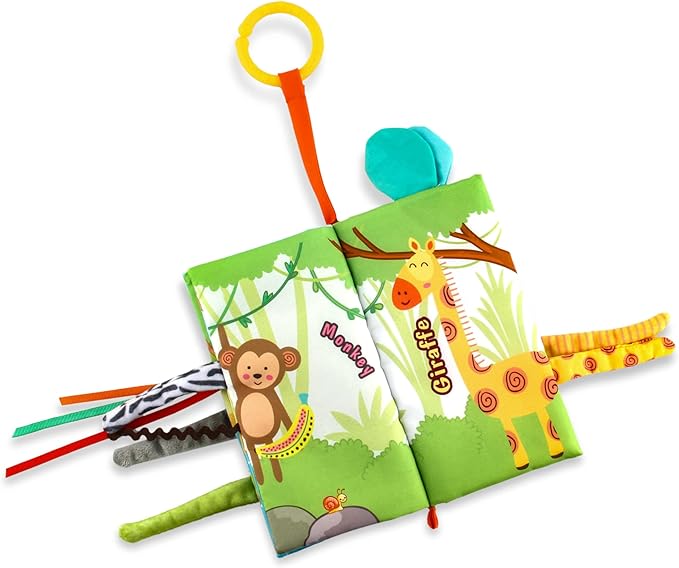 Jungle Tails Baby Activity Book, 3D Touch and Feel Crinkle Cloth Books, Montessori Activity Book for Fine Motor Skills
